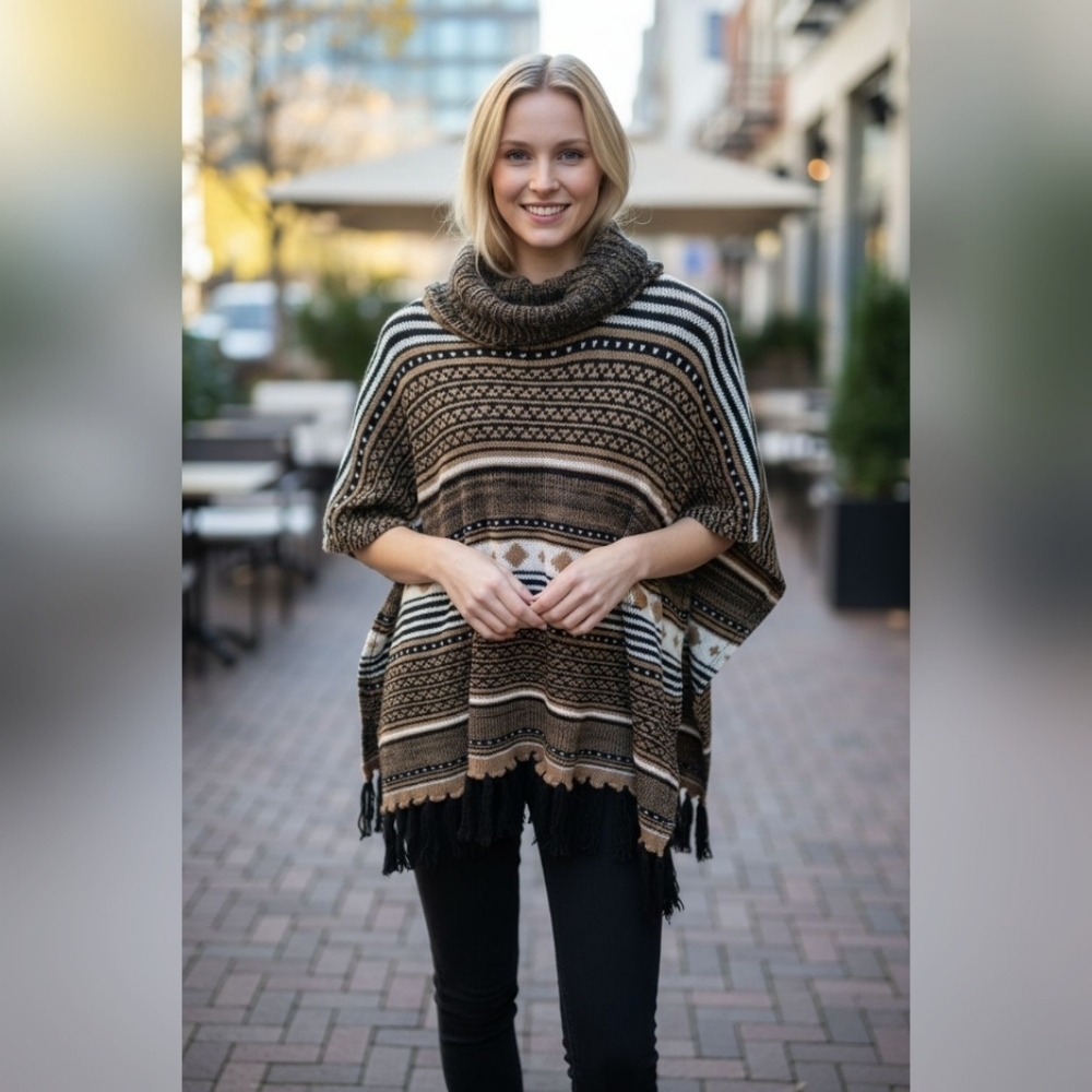 Calstyle Cozy Knit Poncho Sweater with Fringe Southwestern Cowl Neclk NWT